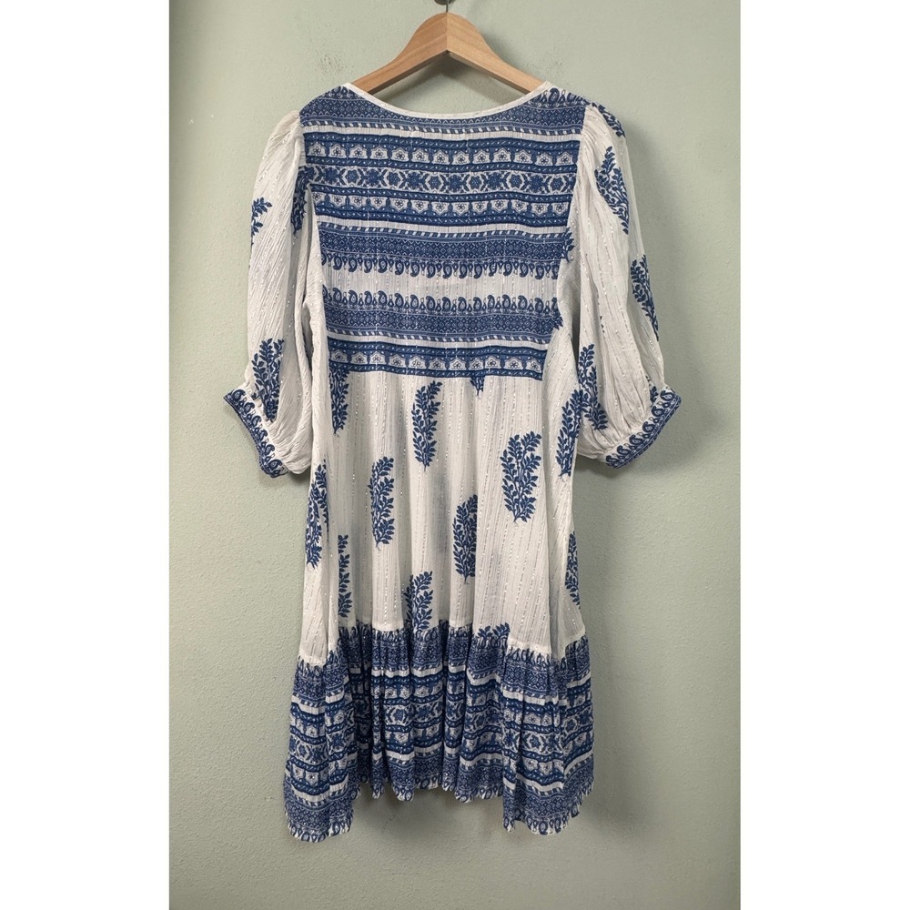 Daughters of India Mishka‎ Dress Blue White Boho Metallic Lurex Mini Size L NEW - Picture 6 of 12
